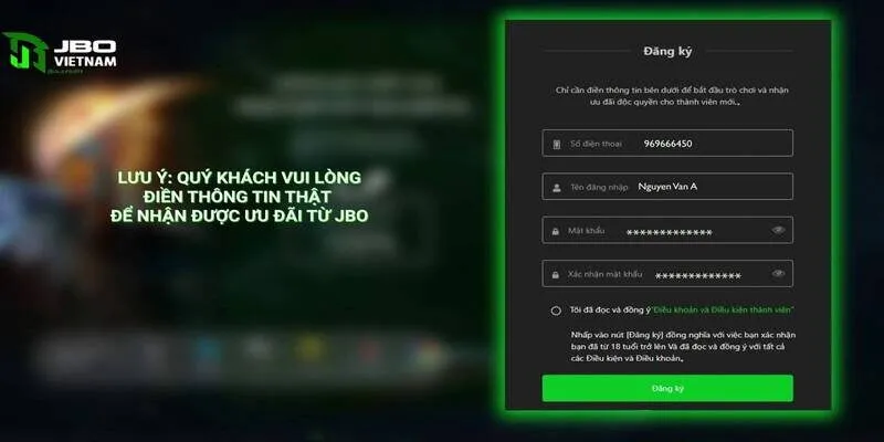 Điều khoản về đăng ký tài khoản JBO